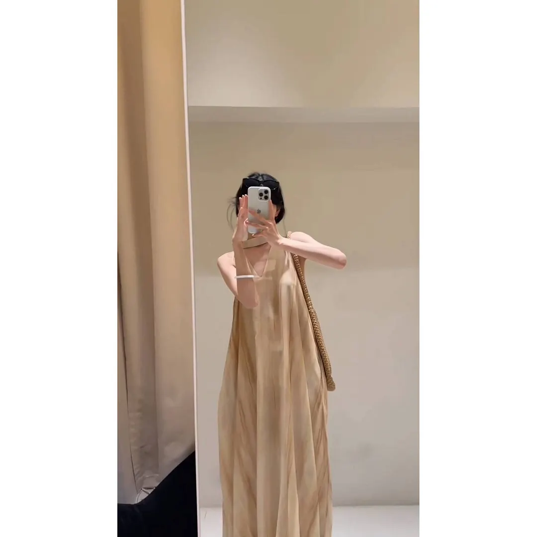 Churchf Churchf Vacation Fainting V-Neck Hanging Neck Dress Loose Belly Sleeveless Sleeve Sling Vest Long Dress