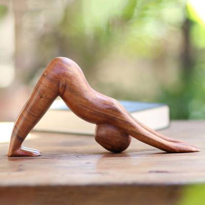 Wood statuette, 'Downward Facing Dog' - Wood statuette