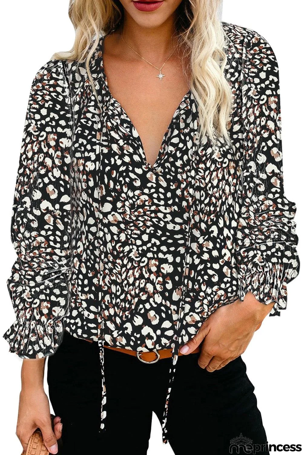 Printed Long Sleeve V-Neck Drawstring Shirt