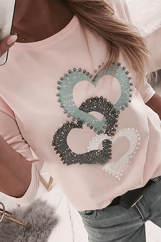 Beaded Heart Print Round Neck T-shirt