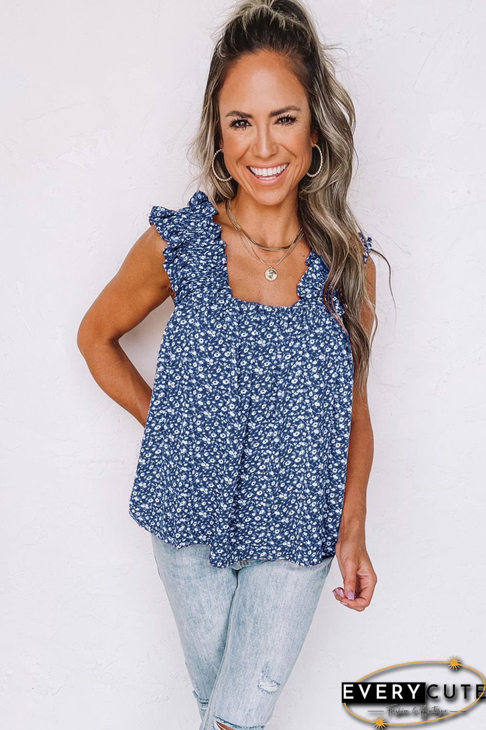 Sky Blue Floral Ruffled Straps Flowy Tank Top