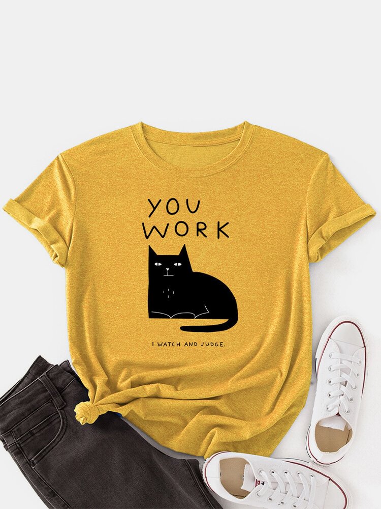 Cat Print Short Sleeve O neck Loose Casual T Shirt For Women P1799976