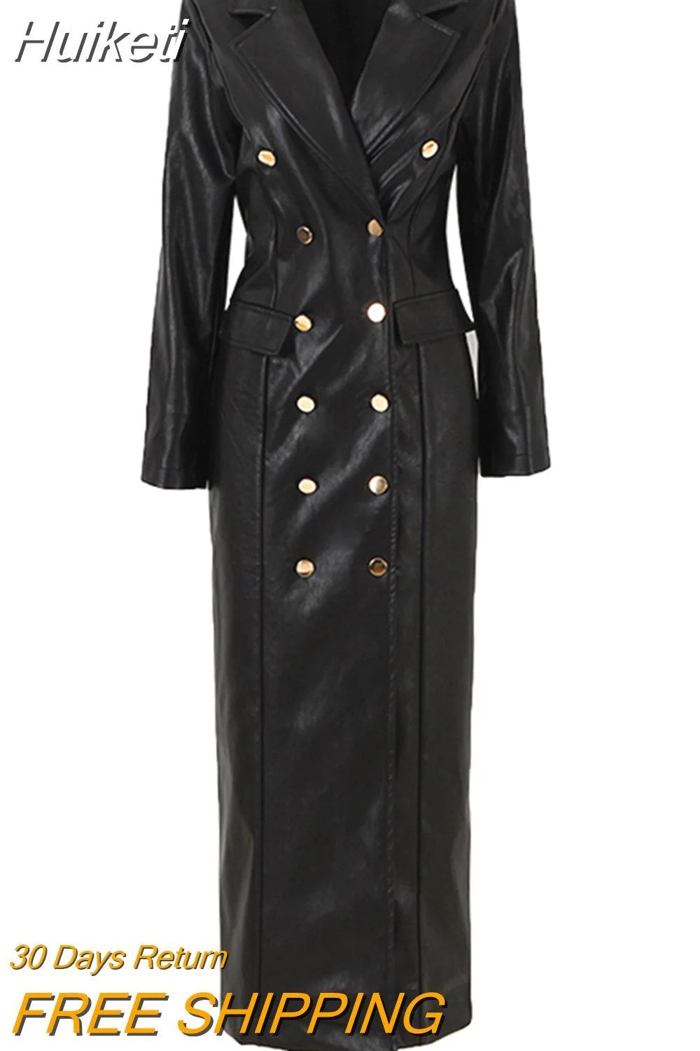 Huiketi Spring Autumn Extra Long Black Faux Leather Trench Coat for Women Double Breasted Luxury Elegant British Fashion 2023