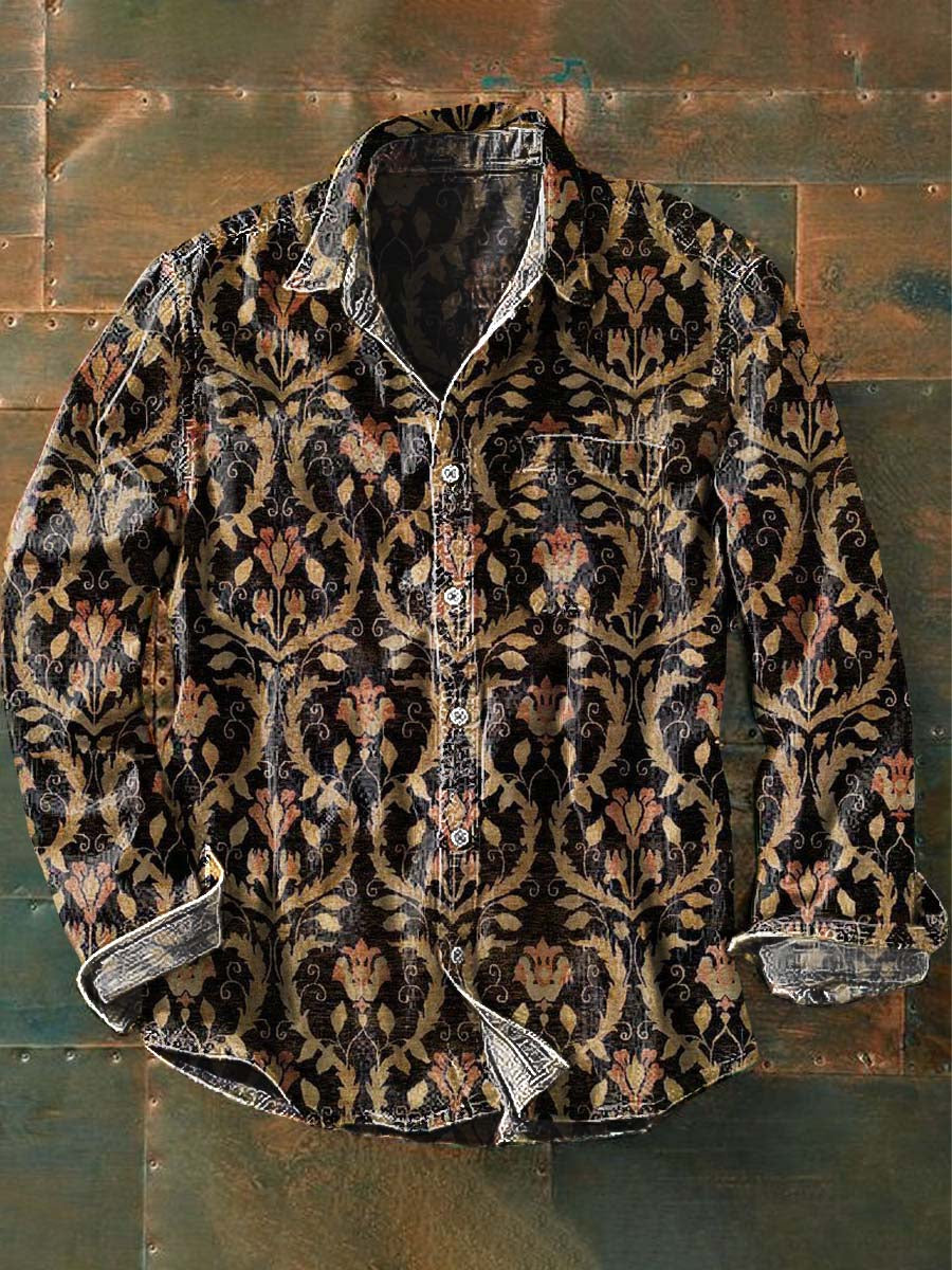 Men's Western Style Pattern Printed Casual Lapel Long Sleeve Shirt