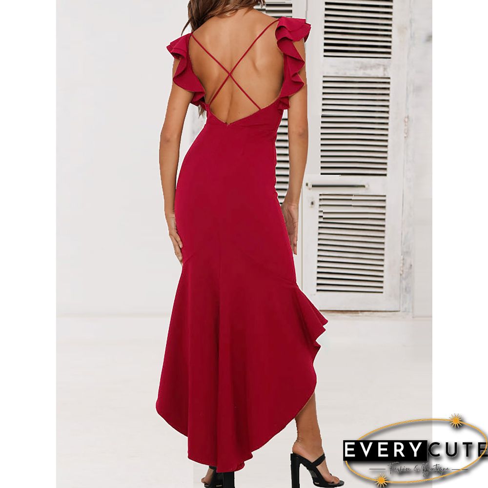 Red Mermaid Hem Ruffle Sleeveless High Low Evening Dress