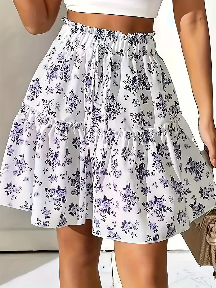 Lightweight Polyester Women's Floral Print High-Waisted Mini Skirt With Tie-Back Detail | White With Purple & Blue Flowers, Perfect For Summer Casual Outing