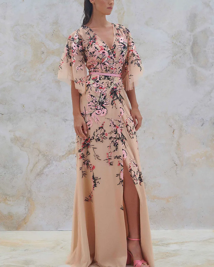 Floral Fully Embroidered Short Sleeved Side Slit Dress