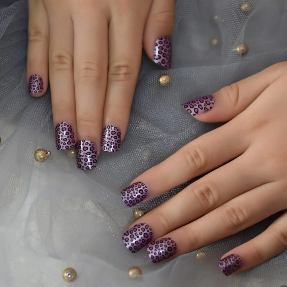 Kids Nail Art Tips Purple Pink Leopard Pattern Girl False Nails Small Size Student's Gift-Nail Inspo