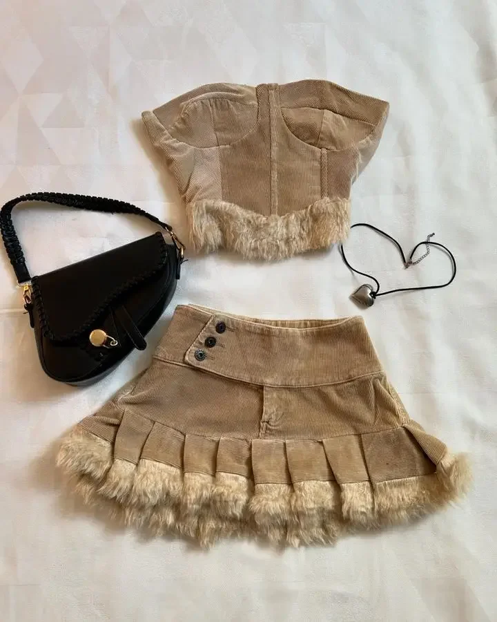 Aonga Waffle Fabric Solid Color Raw Edge New Skirt Sets Are Retro Harajuku Two Piece Sets Womens Outfits Fashion Sexy Girl Mini Skirt aonga