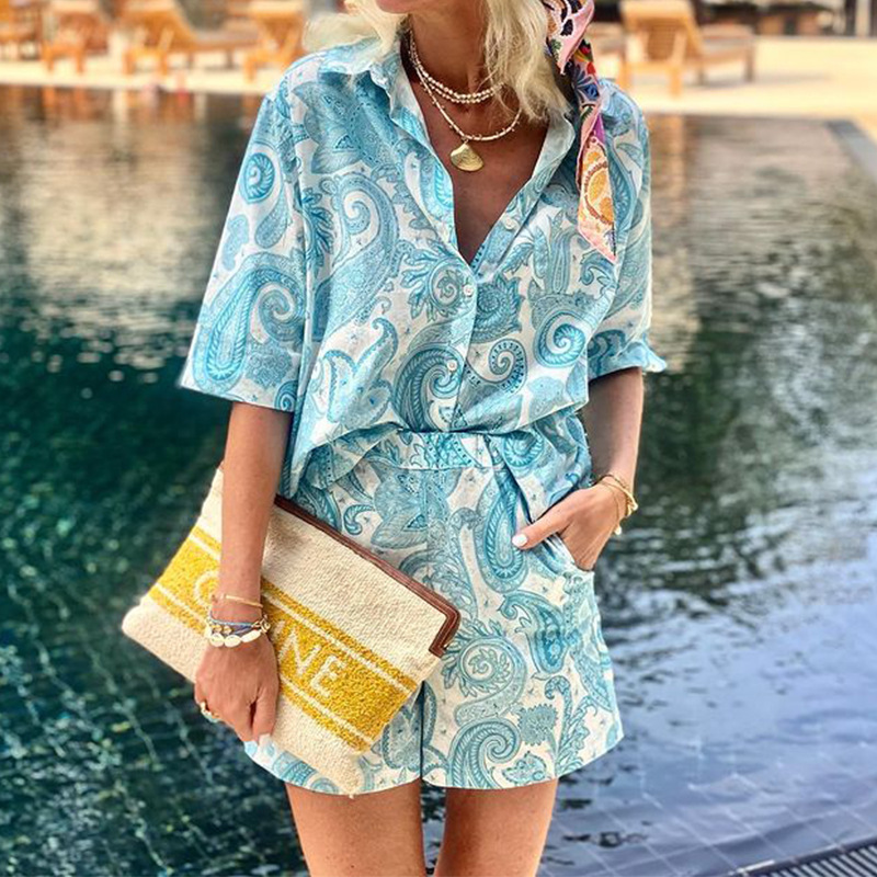 Mature Women Fashion Floral Print Vacation Short Sleeve Shirt Shorts Two-piece Suit