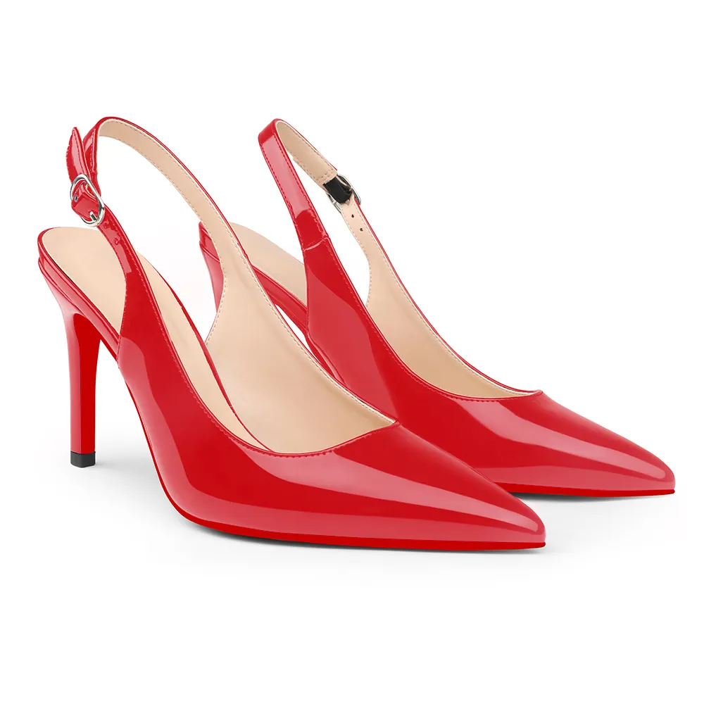 90mm Women's Pointed Toe Slingback Heels Red Bottoms Pumps Comfortable Dress Shoes-vocosishoes