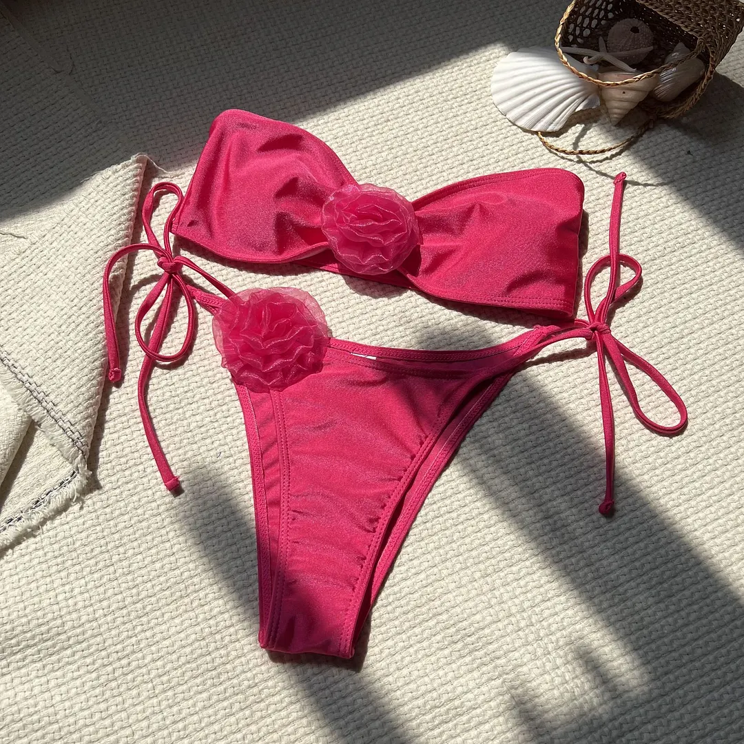 Churchf 2024 New Solid Color Light Flower Braided Swimsuit Bikini