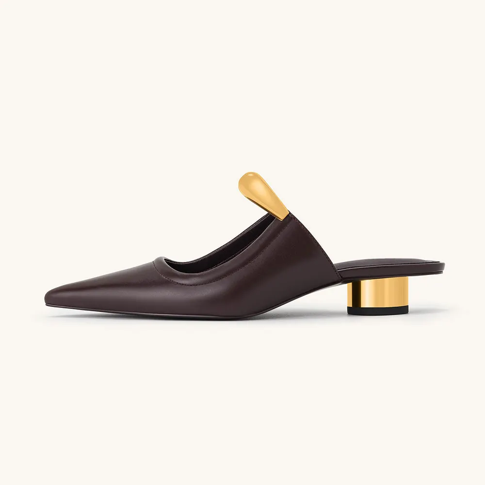 Dark Chocolate Brown Cylinder Heel Mules Shoes with Metal Strap