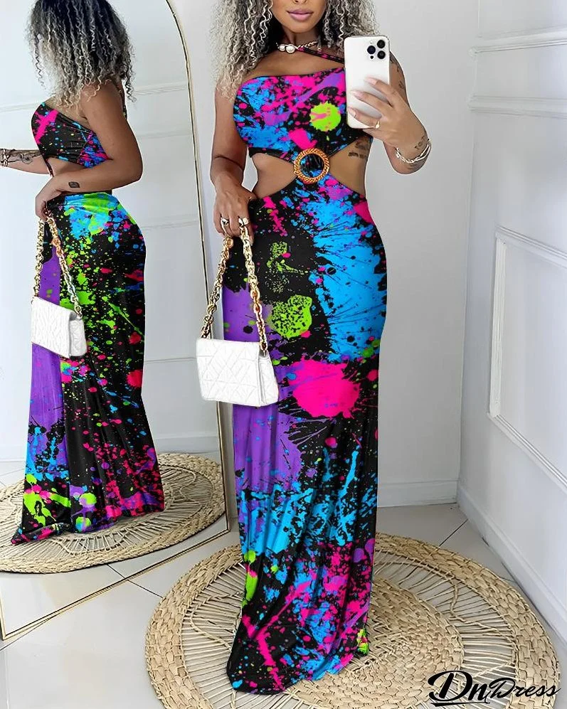 Ink Splash Print Hollow Out Maxi Dress