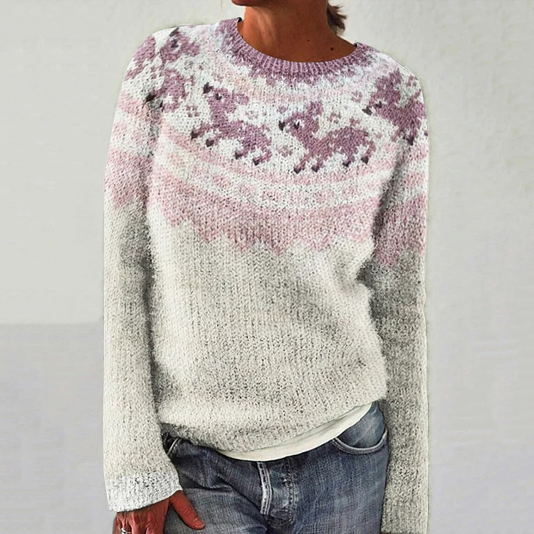 🔥kukelife🔥Animal Christmas Elk Print Contrast Crew Neck Sweater