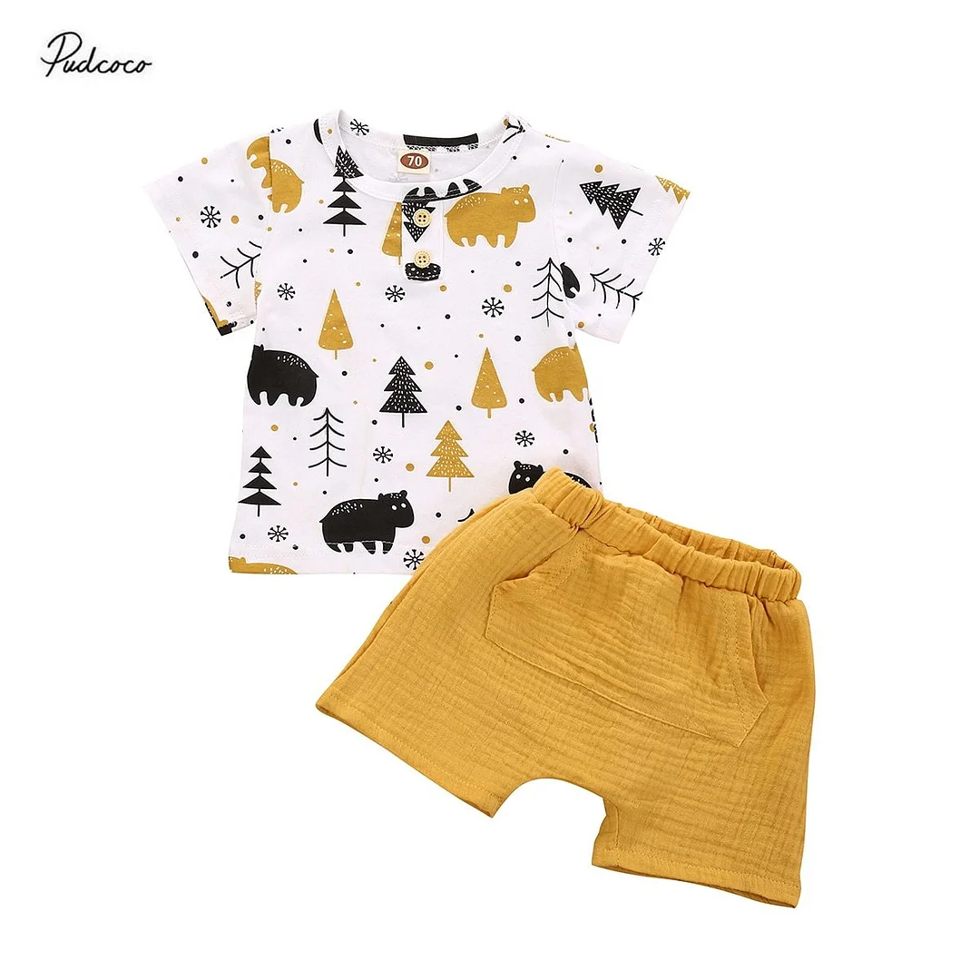2020 Baby Summer Clothing Baby Outfits 2Pcs Set Fashion Forest Animal Print Short Sleeve T-shirt + Pocket Shorts Set