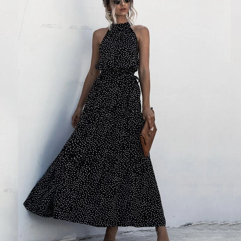 2021 Summer New Elegant Sexy beach long Dress Women Fashion Print Flowers Polka-dot Ladies Halter boho dress women vestidos