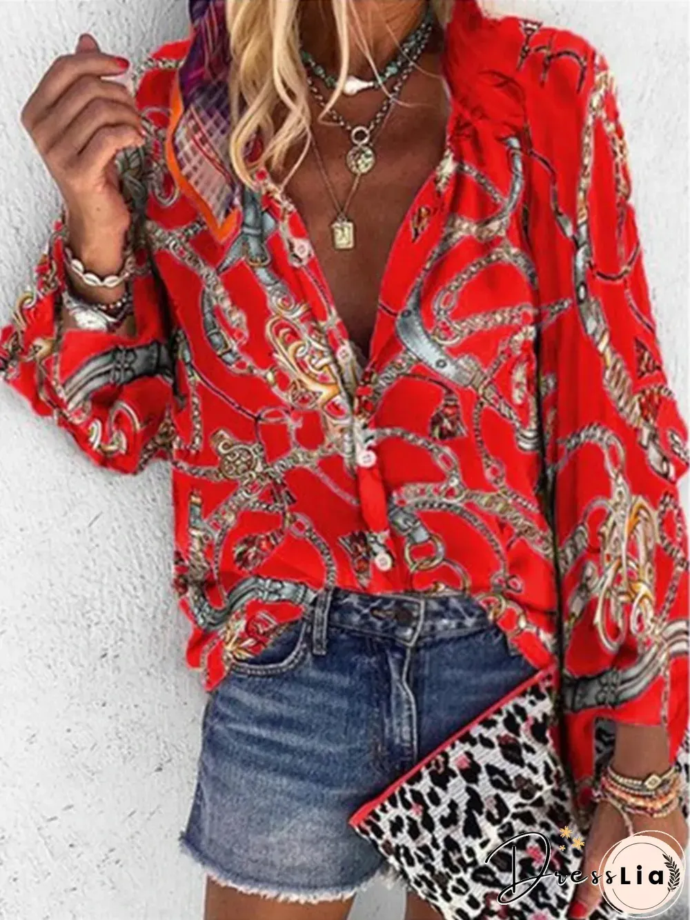 Casual Print Split Joint Turndown Collar Tops P10574