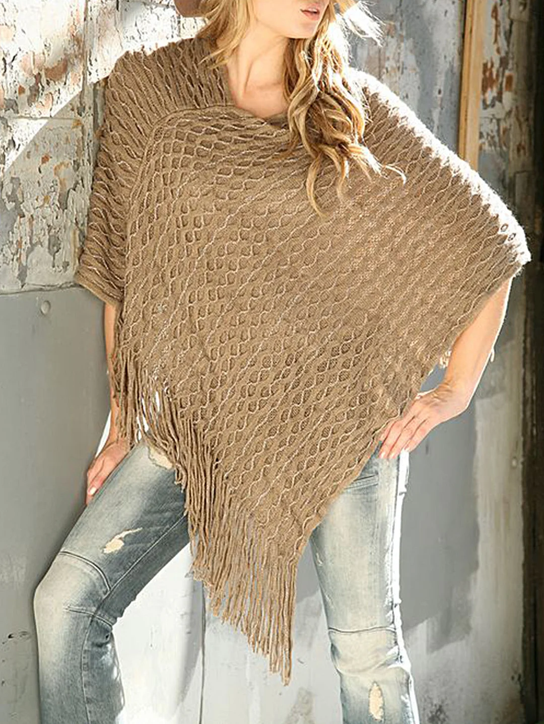 Casual Hollow Out Knit Fringed Pullover Cape Poncho