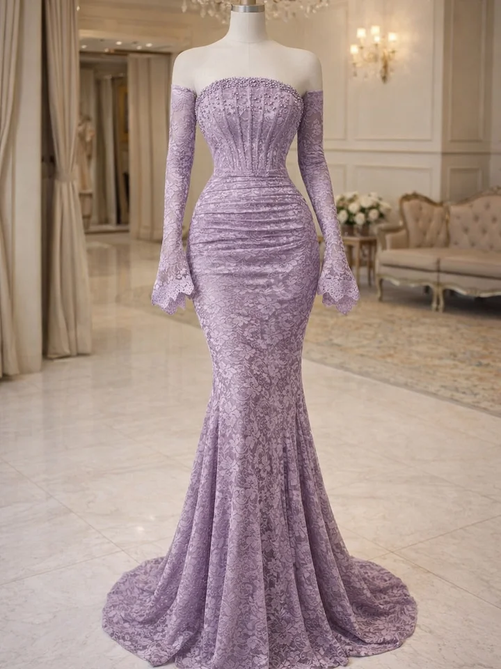Lussooy Elegant Lilac Sleeveless Beaded Lace Mermaid Evening Dress With Long Gloves