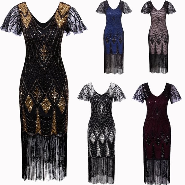 Sequins Dress Women's 19Gatsby Inspired Sequin Beads Long Fringe Flapper Dress With Sleeves Plus Size Women's 19Gatsby Inspired Sequin Beads Long Fringe Flapper Dresses Plus Size - Shop Trendy Women's Fashion | TeeYours