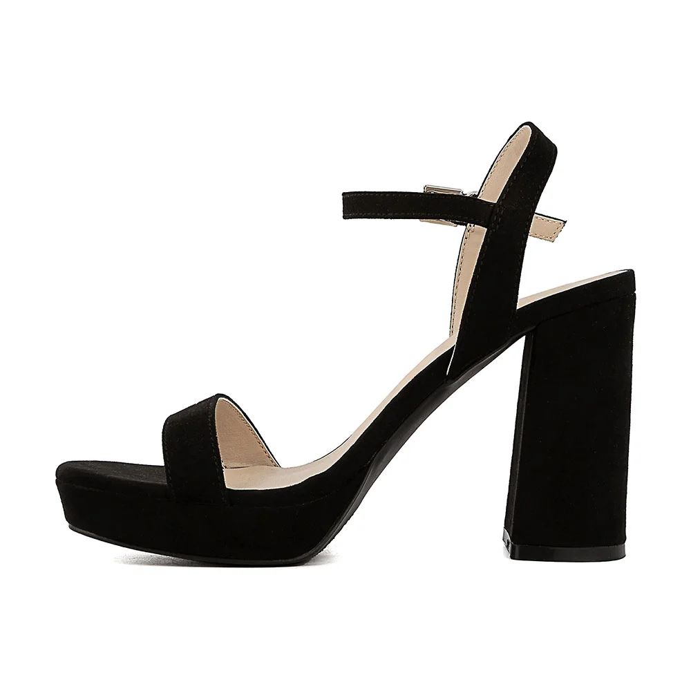 Black Vegan Suede Buckle Ankle Strap Platform Women Sandals