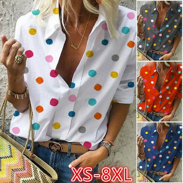 Women Long Sleeve Loose Casual Polka Dot Summer Shirts Blouse - BlackFridayBuys