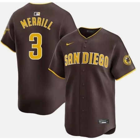 Men's San Diego Padres #3 Jackson Merrill Brown Cool Base Stitched Baseball Jersey JVLK