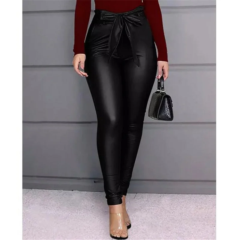 Women's Leggings PU Leather High Waisted Pants Stretchy Bowknot Skinny Pencil Trousers Bow Womens Pants Black Wine Red Trousers