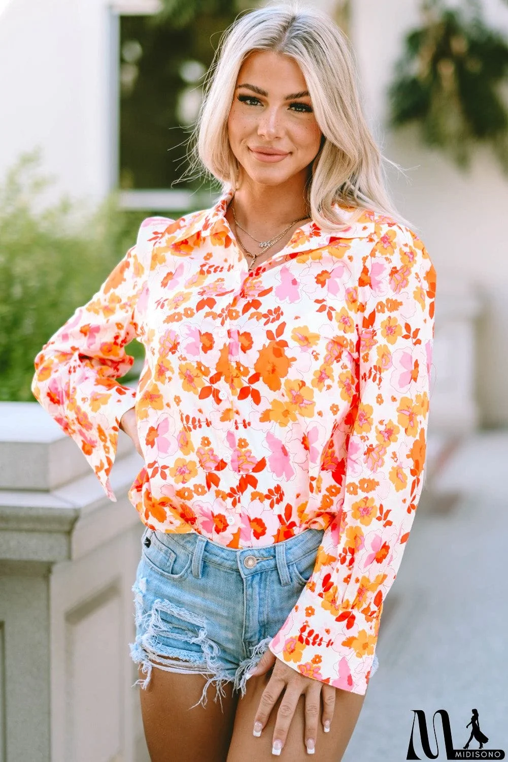 MidiSono - Floral Collared Neck Shirt