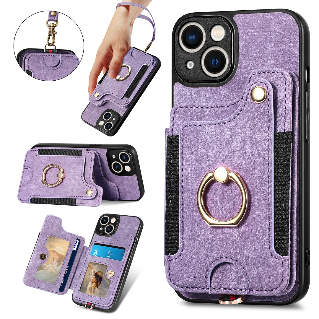 Retro Leather Phone Case With Elastic 3 Cards Wallet,Ring,Kickstand And Detachable Lanyard For IPhone 14/14 Pro/14 Pro Max/14 Plus/13/13 Pro/13 Pro Max/12/12 Pro/12 Pro Max/11/11 Pro Max