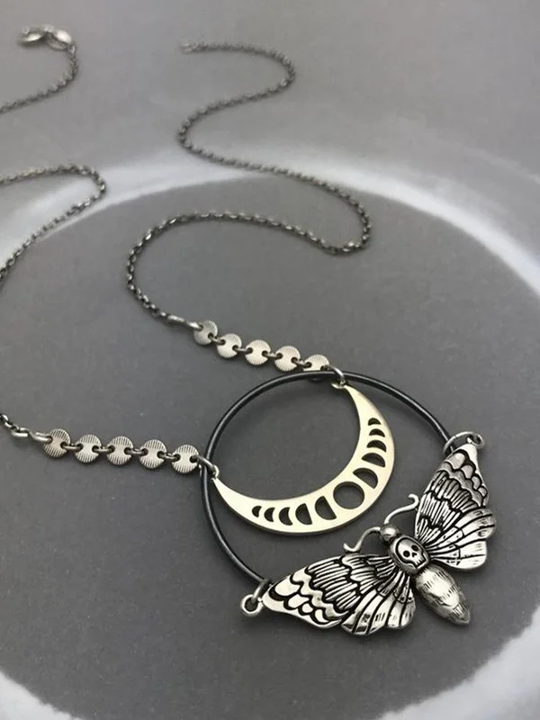 Gothic Dark  Moon Necklace with Skeleton Butterfly Pendant
