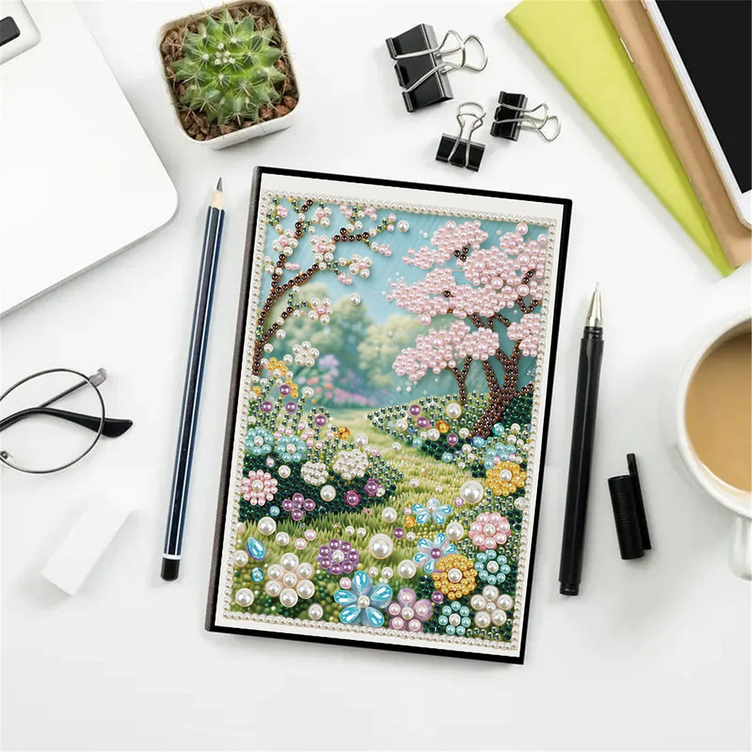 Spring Forest Partial Pearl DIY 50 Pages A5 Diamond Painting Notebook Special Shaped Diamond Art Diary Book Kits Wireless Strip 5D Crystal Art Paintings Sketchbook for Art Drawing