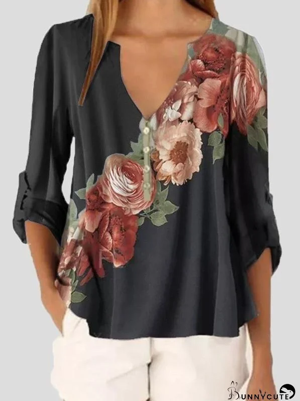 Long Sleeve V-neck Floral Print Chiffon Shirt