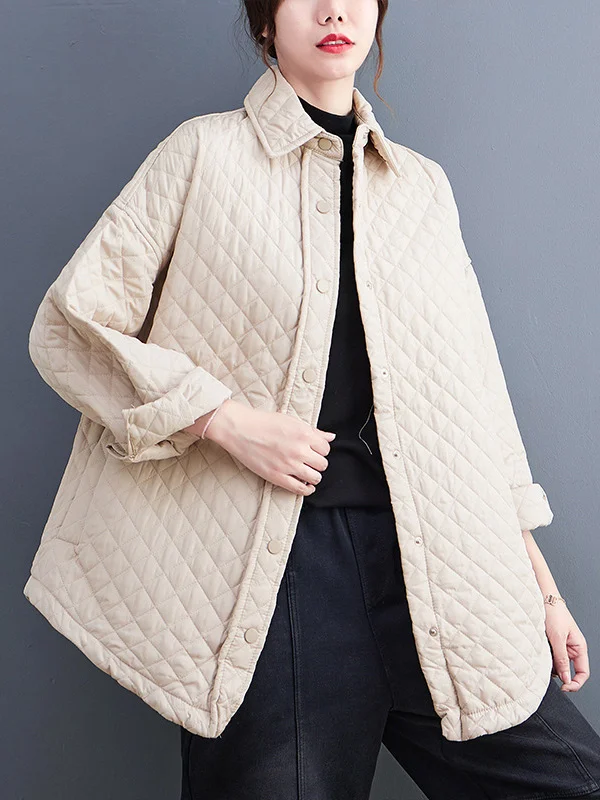 Roomy Long Sleeves Buttoned Pure Color Lapel Collar Padded Outerwear