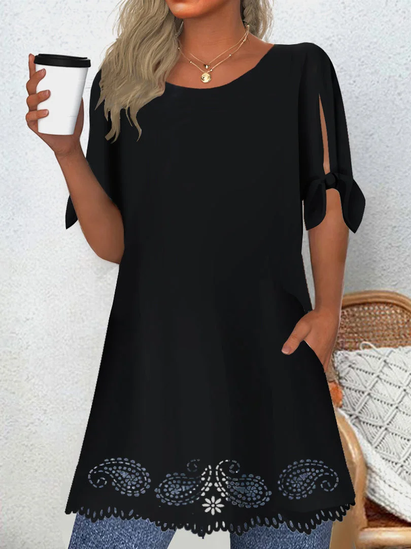 Women's Short Sleeve Scoop Neck Solid Color Hollow Lace-up Pockets Tops