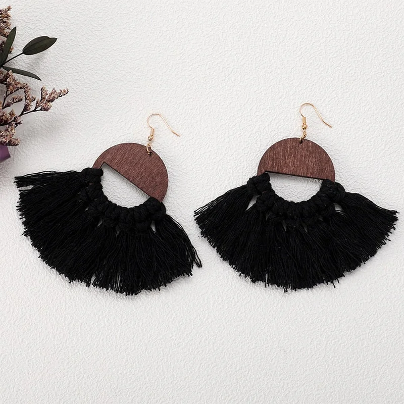 Dvacaman 2020 New Design Bohemian Leaf Shape Tassel Earrings For Women Fashion Weave Macrame Cotton Thread Earrings Drop Jewelry