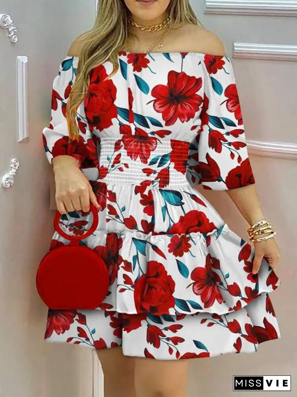 Sexy One Word Collar Backless Party Mini Dress Women Summer Elegant Floral Printed Half