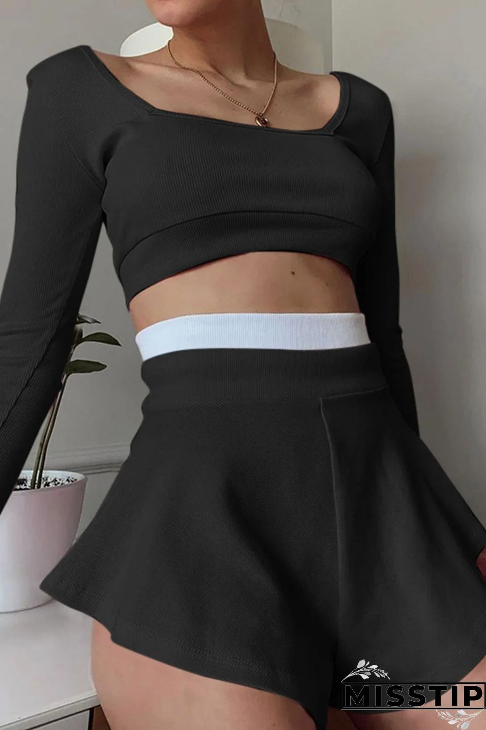 Black Casual Solid Patchwork Boat Neck Long Sleeve Two Pieces