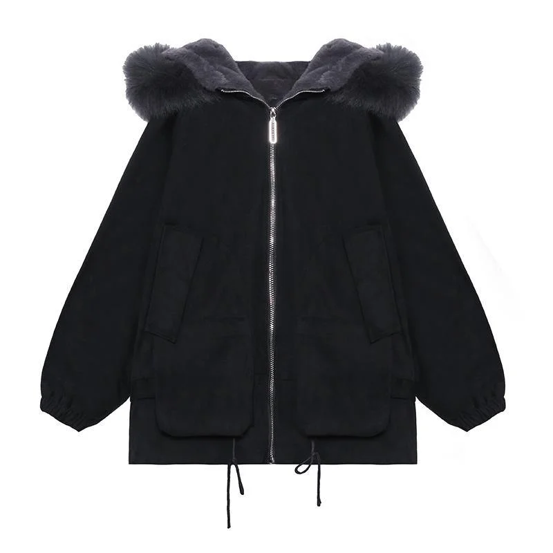 Casual black Letter coats plus size snow jackets faux fur collar pockets coats