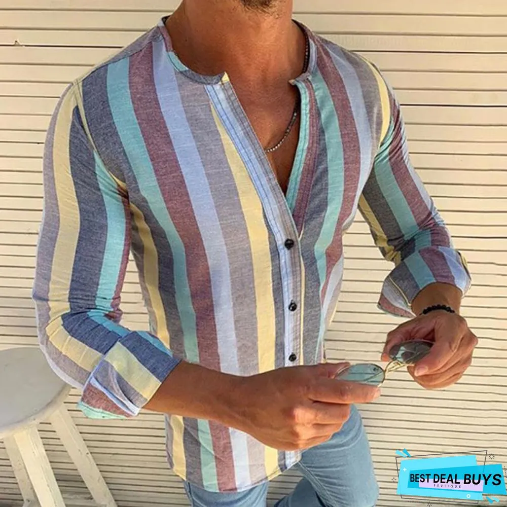 Spring/Summer Men Fashion Colorful Stripe Slim Fit Shirts