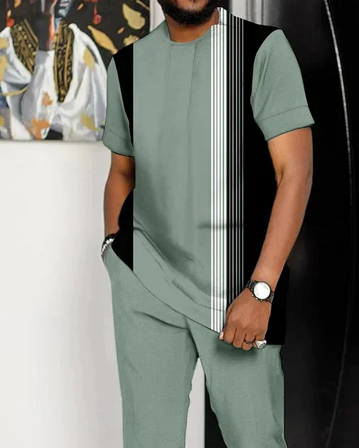 Men's Vertical Stripe Print Short Sleeve Suit 152