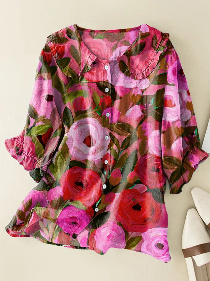 Vintage Floral Art Cotton and Linen Peter Pan Ruffle Collar Shirt