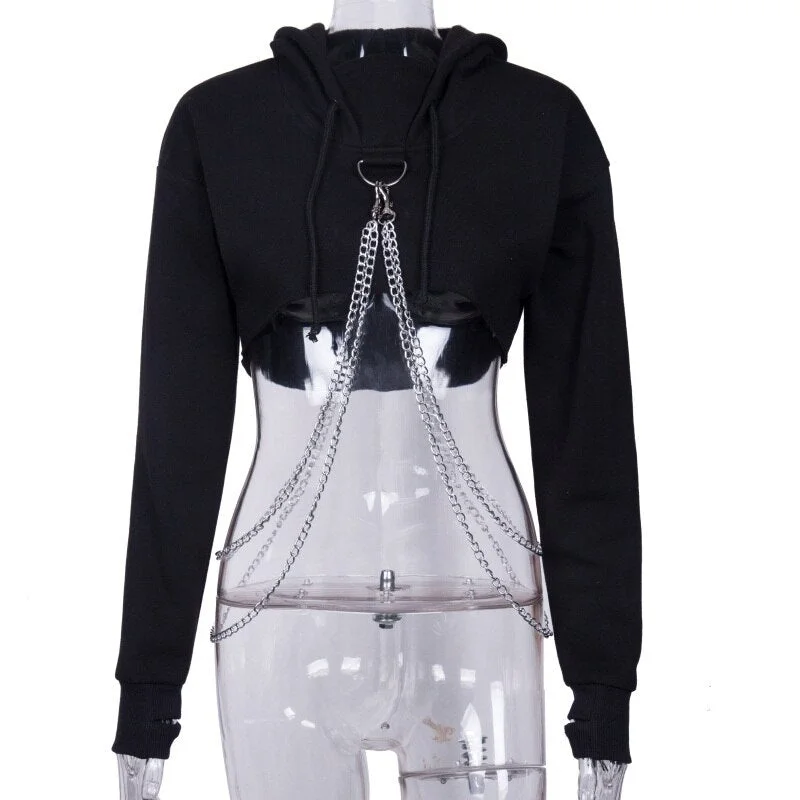 Gothic Dark Print Elegant Dress Goth Pleated Spaghetti Strap Black Dresses Iron Chain Hoodie Long Sleeve Tops Punk 2 Piece Sets