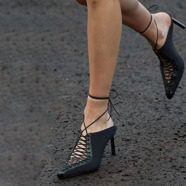 Black Lace Up Wrap Heels Women's Elegant Pointed Suede Pumps Vintage Stiletto Shoes |FSJ Shoes
