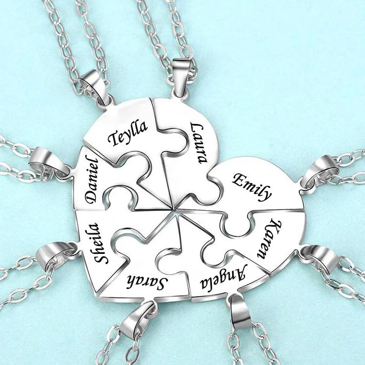 Personalized 8 Names Heart Puzzle Piece Necklace, Custom Necklaces with Name Engraved Necklaces Gift for Friend and Family