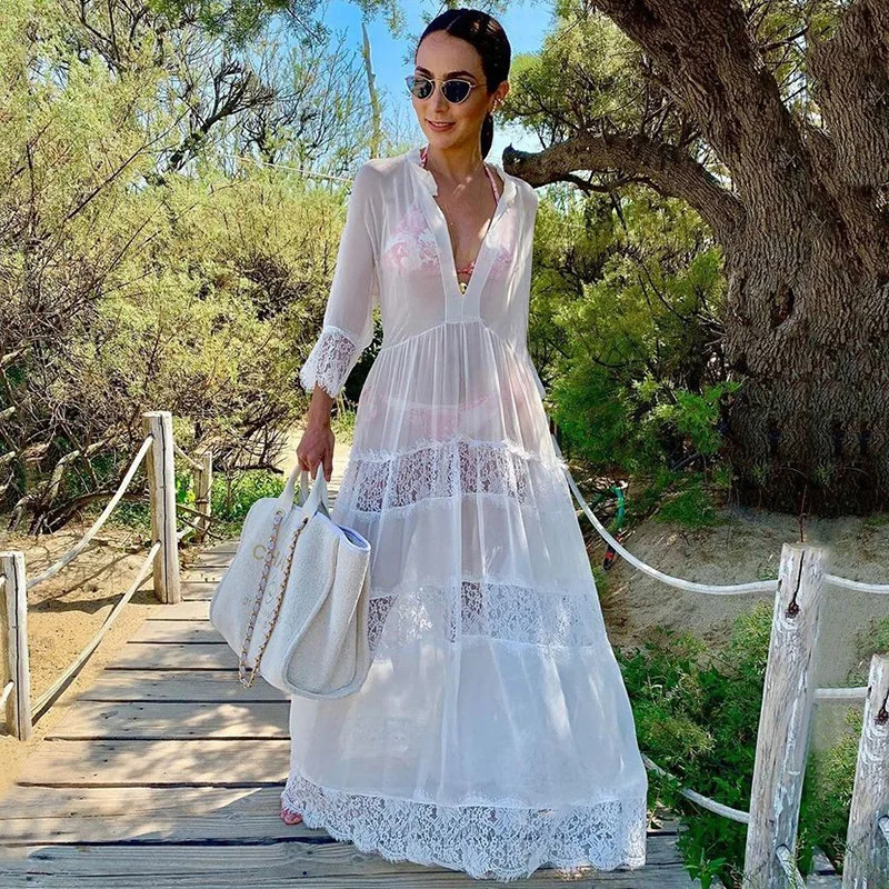 Mongw Mongw Chiffon Patchwork Lace Dress Loose Beach Blouse Mask Beach Robe Coat Women's Beach Sunscreen Shirt