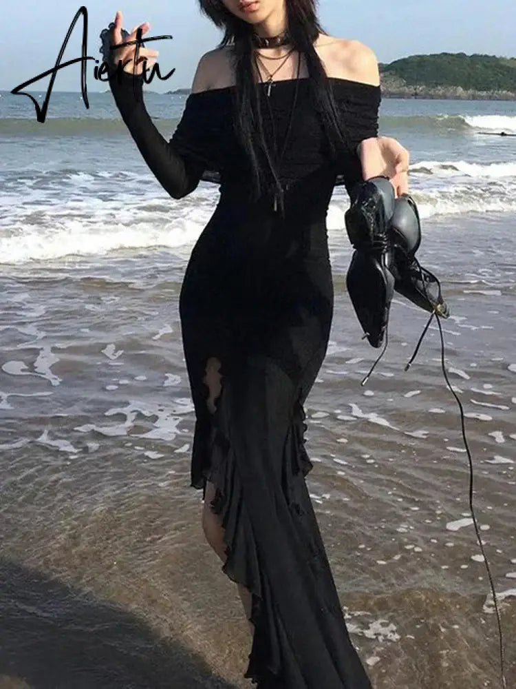 Aiertu  Elegant Fashion Dark Ruffles Split Long Dress Gothic Slash Neck Long Sleeve Maxi Dresses For Women  Holiday Beach Aiertu
