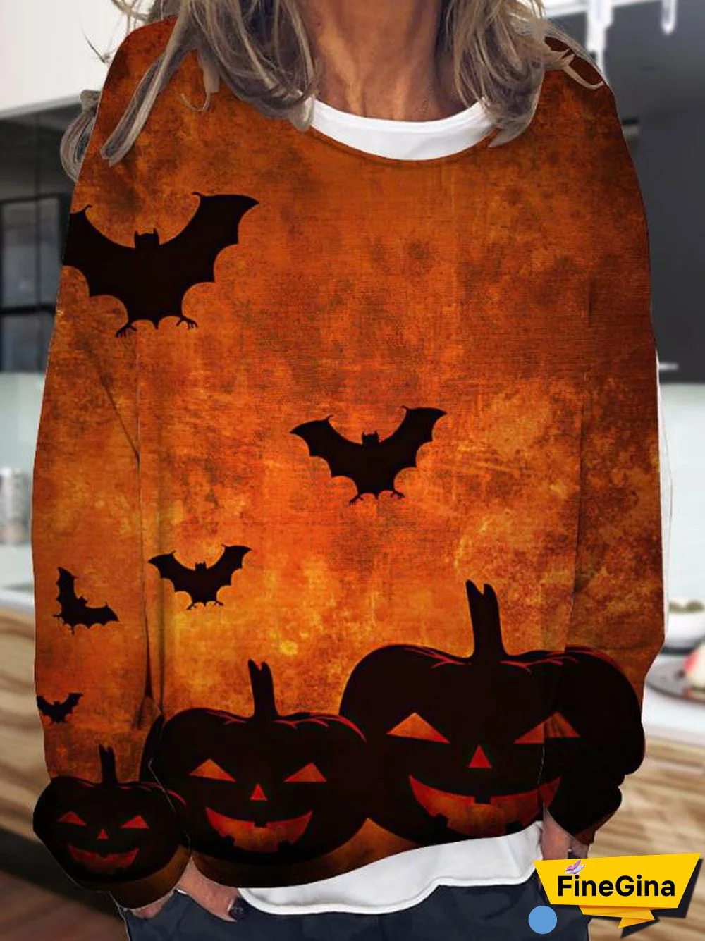 Bat And Pumpkin Head Halloween Long Sleeve Tee