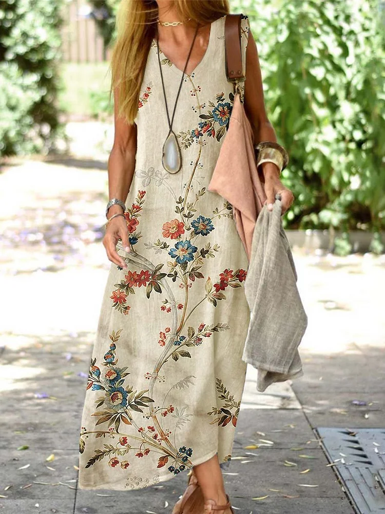 Women's Resort Style Floral Pattern Vest Style Loose Cotton and Linen Dress
